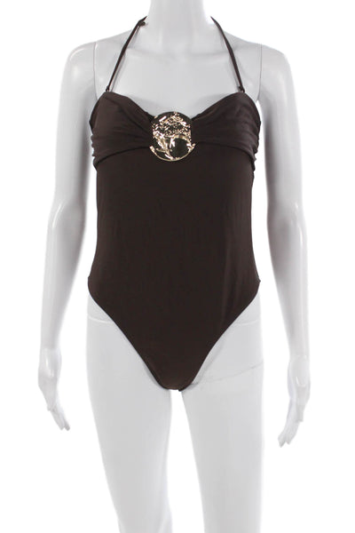 Commense Women One-Piece Swimsuit Brown Solid Size M