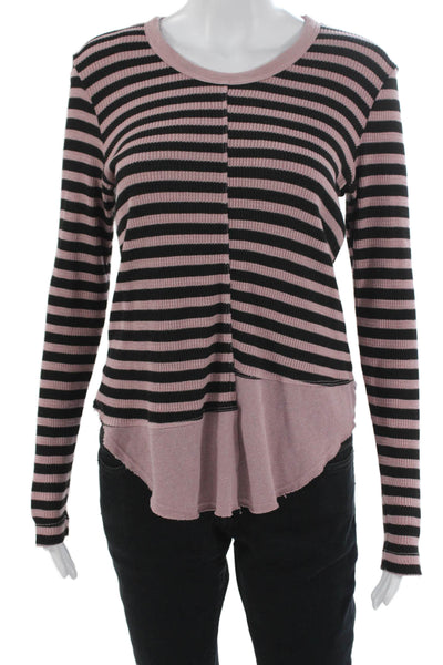 Wilt Women Basic Pink T-Shirt Striped Round Neck Long Sleeve Size S