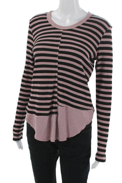 Wilt Women Basic Pink T-Shirt Striped Round Neck Long Sleeve Size S