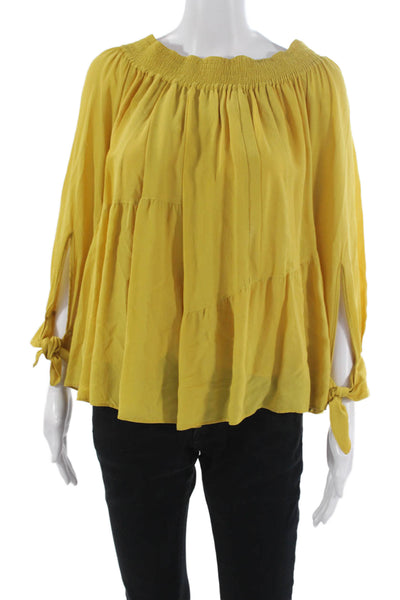 Derek Lam Womens Silk Off the Shoulder Tunic Blouse Yellow Long Sleeve Size M