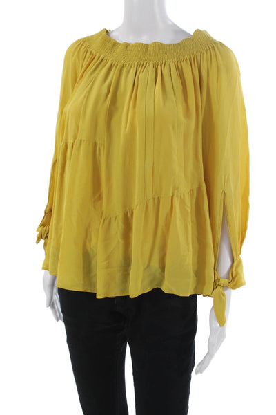 Derek Lam Womens Silk Off the Shoulder Tunic Blouse Yellow Long Sleeve Size M