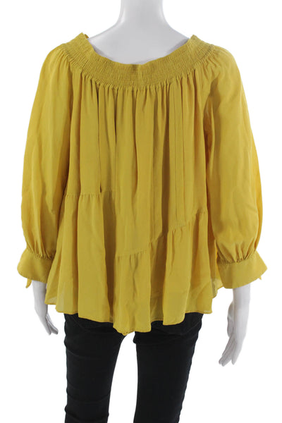 Derek Lam Womens Silk Off the Shoulder Tunic Blouse Yellow Long Sleeve Size M