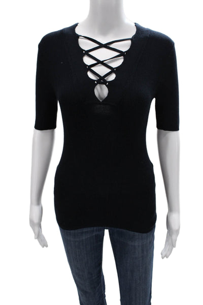 Minnie Rose Women Basic V-Neck Rayon T-Shirt Black 3/4 Sleeve Size M