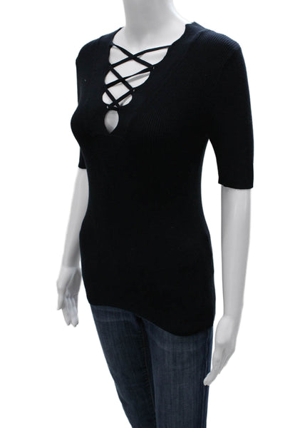 Minnie Rose Women Basic V-Neck Rayon T-Shirt Black 3/4 Sleeve Size M