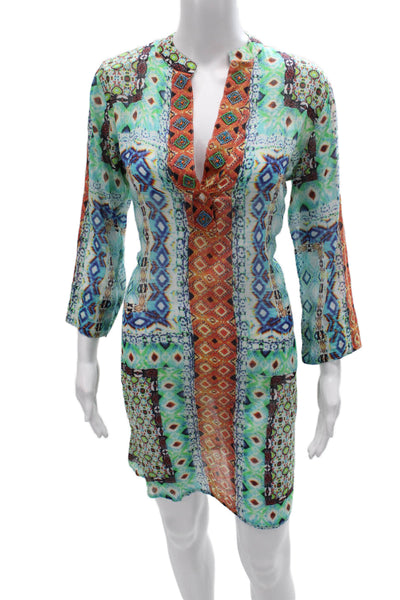 Debbie Katz Womens Kaftan Dress Multicolor Geometric V-Neck 3/4 Sleeve Size S