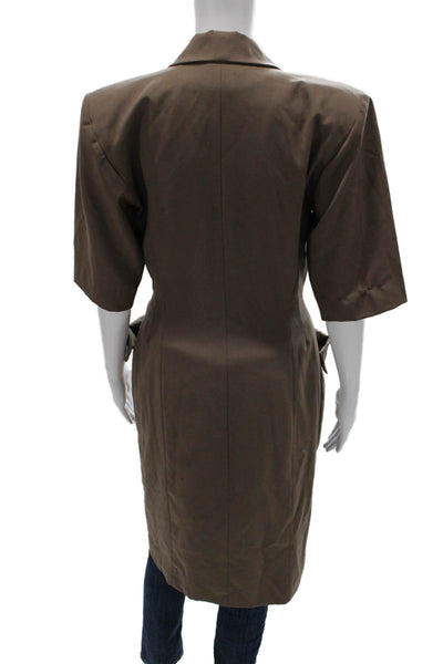 Designer Womens Jacket Dress Brown Collared Button Cotton Half Sleeve Size M