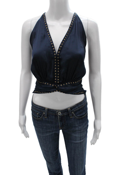 Ramy Brook Womens Halter Cropped Tank Blue Polyester Sleeveless Size XS
