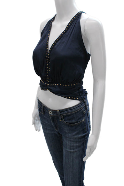 Ramy Brook Womens Halter Cropped Tank Blue Polyester Sleeveless Size XS