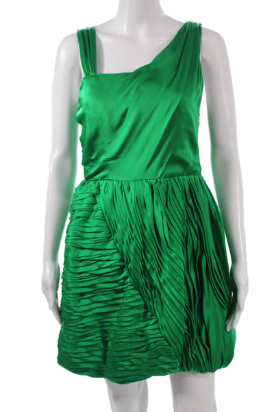 Alice + Olivia Women Green Silk One Shoulder Mini Dress Zip Sleeveless Size XS