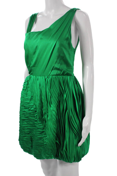 Alice + Olivia Women Green Silk One Shoulder Mini Dress Zip Sleeveless Size XS