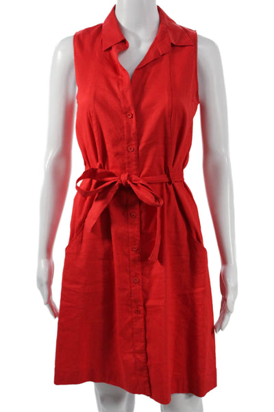 Theory Women Red Linen Shirt Dress Sleeveless Collared Button Short Size 4