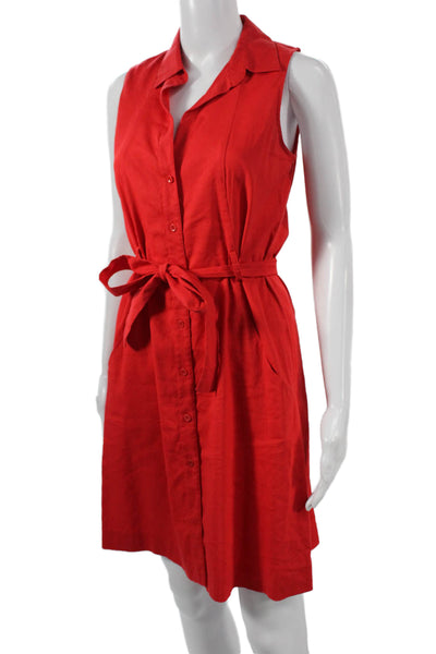 Theory Women Red Linen Shirt Dress Sleeveless Collared Button Short Size 4