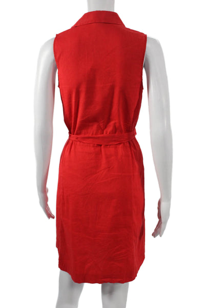 Theory Women Red Linen Shirt Dress Sleeveless Collared Button Short Size 4