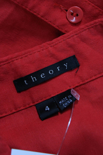 Theory Women Red Linen Shirt Dress Sleeveless Collared Button Short Size 4