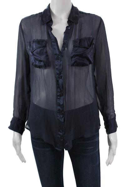 Equipment Femme Womens Blue Collared Button-Up Long Sleeve Polyester Size S