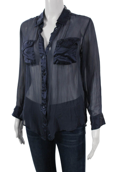 Equipment Femme Womens Blue Collared Button-Up Long Sleeve Polyester Size S