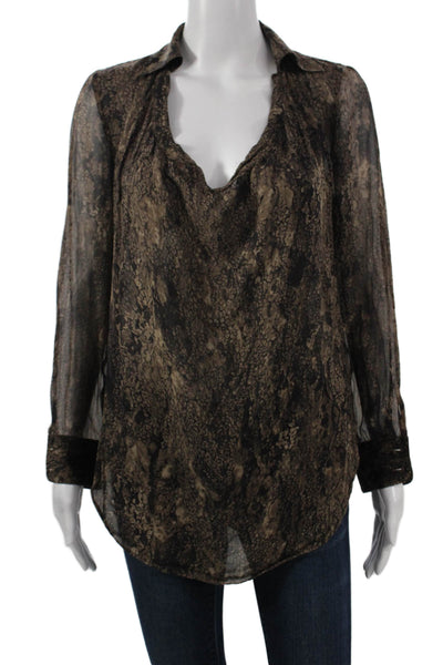 Haute Hippie Womens Tunic Brown Silk Blend Collared Long Sleeve Size S