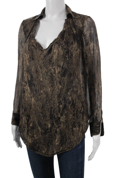 Haute Hippie Womens Tunic Brown Silk Blend Collared Long Sleeve Size S