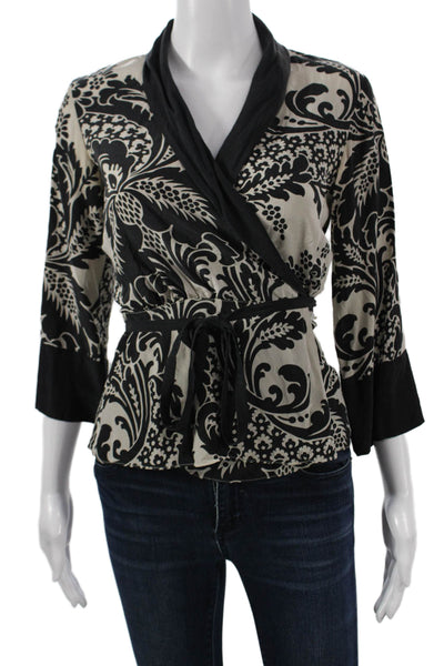 DKNY Women Kimono Blouse Black Silk Floral V-Neck 3/4 Sleeve Tie Size 4
