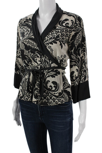 DKNY Women Kimono Blouse Black Silk Floral V-Neck 3/4 Sleeve Tie Size 4