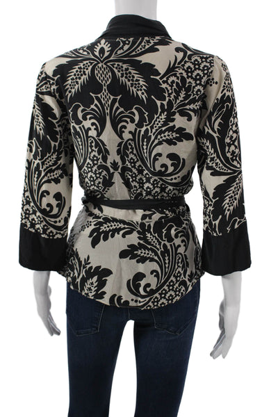DKNY Women Kimono Blouse Black Silk Floral V-Neck 3/4 Sleeve Tie Size 4