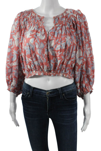 Joie Womens Cropped V-Neck Floral Cotton Blouse Red 3/4 Sleeve Button Size M