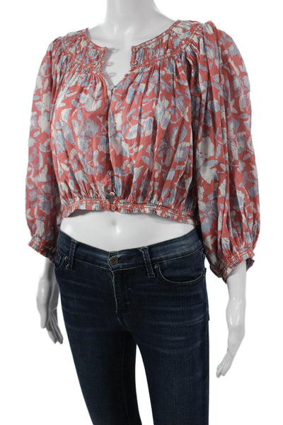 Joie Womens Cropped V-Neck Floral Cotton Blouse Red 3/4 Sleeve Button Size M