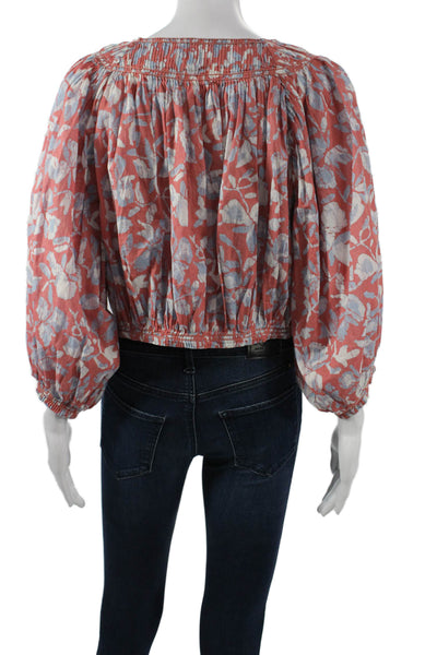 Joie Womens Cropped V-Neck Floral Cotton Blouse Red 3/4 Sleeve Button Size M