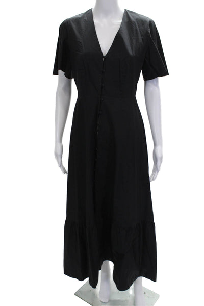 Iris & Ink Womens Maxi Dress Black V-Neck Button Short Sleeve Cotton Size 8