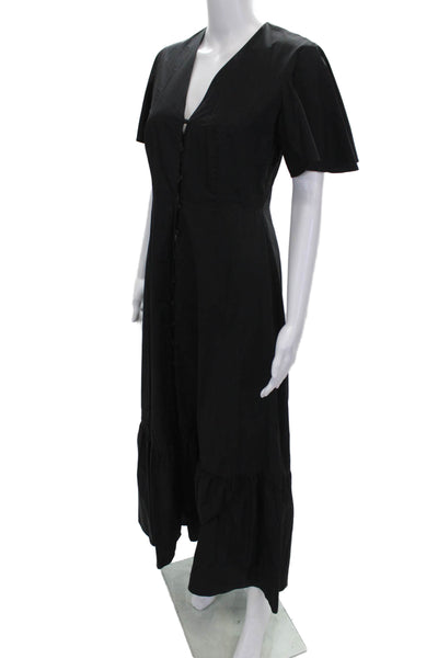 Iris & Ink Womens Maxi Dress Black V-Neck Button Short Sleeve Cotton Size 8