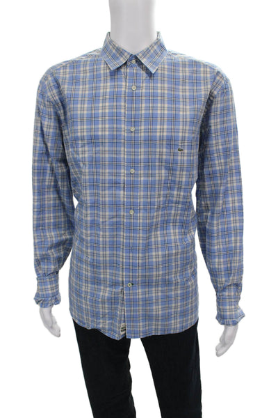 Lacoste Mens Button-Down Plaid Cotton Collared Long Sleeve Blue Shirt Size 2XL