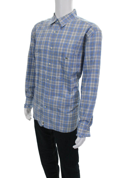 Lacoste Mens Button-Down Plaid Cotton Collared Long Sleeve Blue Shirt Size 2XL