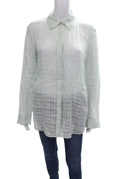 Lafayette 148 New York Women Green Checked Linen Long Sleeve Button-Up Size M