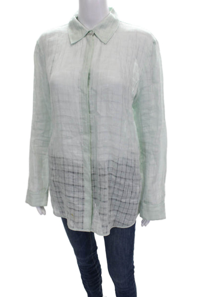 Lafayette 148 New York Women Green Checked Linen Long Sleeve Button-Up Size M