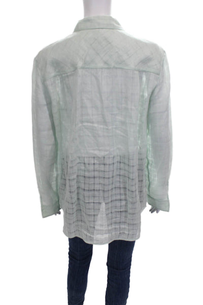 Lafayette 148 New York Women Green Checked Linen Long Sleeve Button-Up Size M