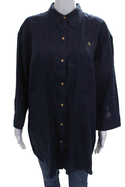 Lauren Ralph Lauren Women Tunic Button-Up Linen Long Sleeve Blue Size XL