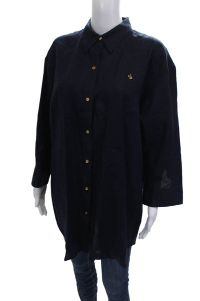 Lauren Ralph Lauren Women Tunic Button-Up Linen Long Sleeve Blue Size XL