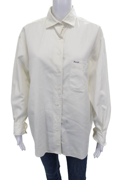 Faconnable Mens Button-Down Ivory Cotton Collared Long Sleeve Shirt Size L