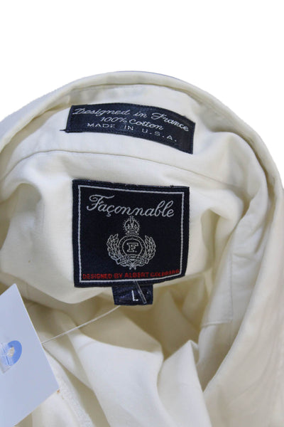 Faconnable Mens Button-Down Ivory Cotton Collared Long Sleeve Shirt Size L