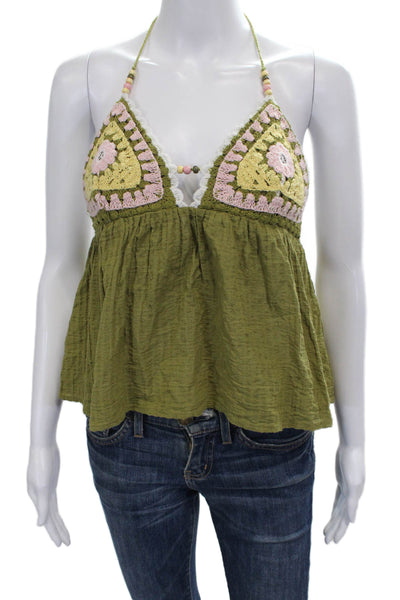 Zara Women Basic Halter Tie Sleeveless Tank Green Polyester Size M