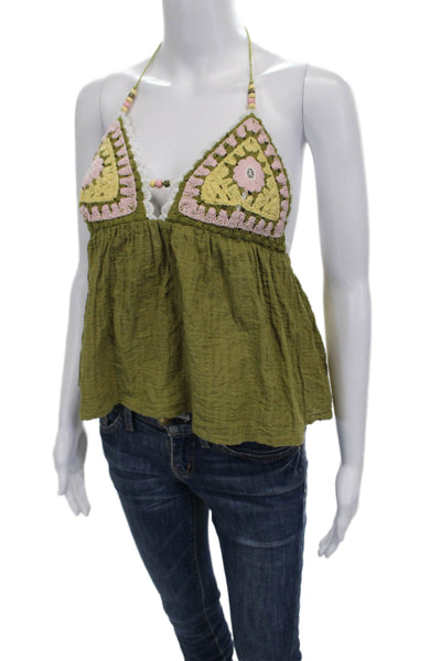 Zara Women Basic Halter Tie Sleeveless Tank Green Polyester Size M