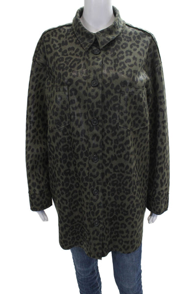 Zara Women Basic Corduroy Animal Print Collared Jacket Green Long Sleeve Size L