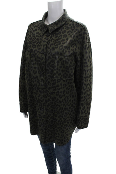 Zara Women Basic Corduroy Animal Print Collared Jacket Green Long Sleeve Size L