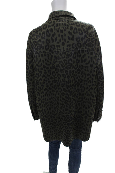Zara Women Basic Corduroy Animal Print Collared Jacket Green Long Sleeve Size L