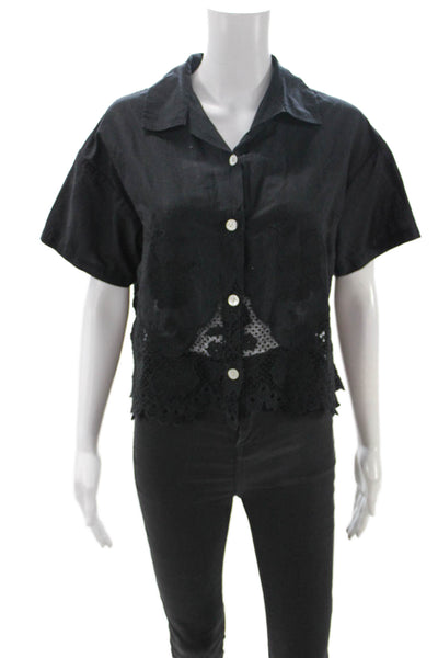 Vitamin A Women Cropped Button-Up Black Organic Cotton Top Size S