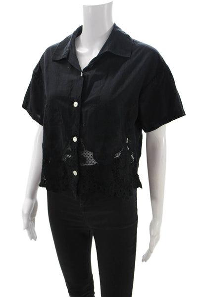 Vitamin A Women Cropped Button-Up Black Organic Cotton Top Size S