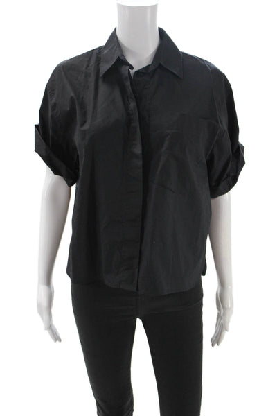 Zara Womens Basic Collared Cotton Button Up Short Sleeve Black Top Size XS