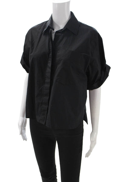 Zara Womens Basic Collared Cotton Button Up Short Sleeve Black Top Size XS