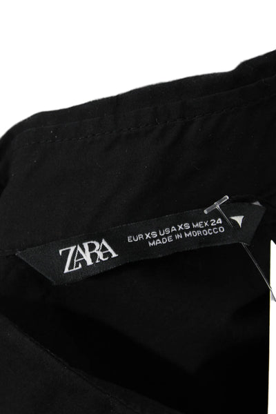 Zara Womens Basic Collared Cotton Button Up Short Sleeve Black Top Size XS