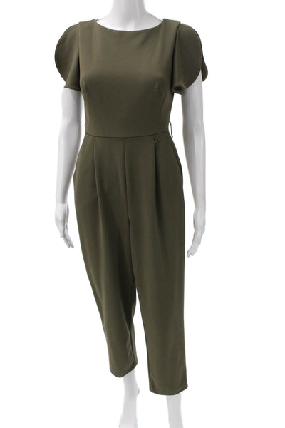 Calvin Klein Womens Jumpsuit Green Boat Neck Short Sleeve Zip Polyester Size 2